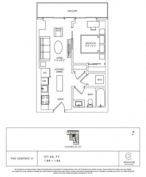 Floor plan for 1 bed, 1 bath, 511 sqft